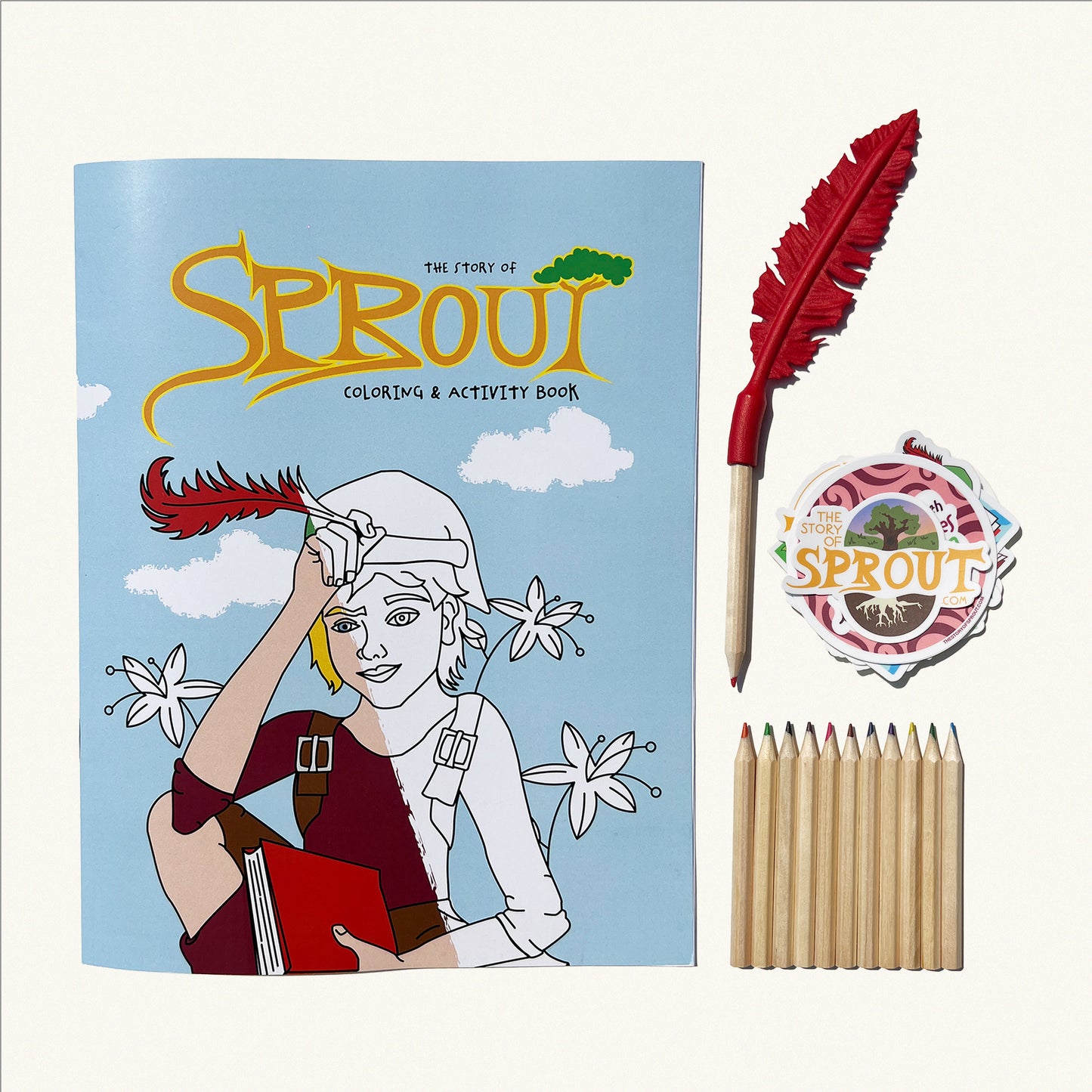 the story of sprout coloring book with colored pencils, stickers and quill topper