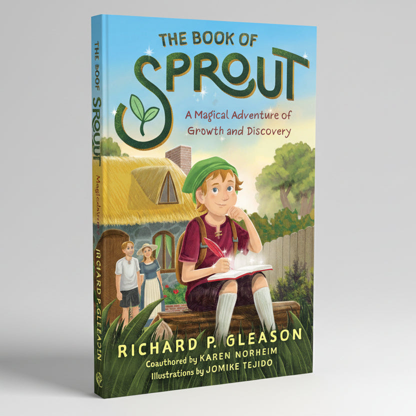 Book cover of 'The Book of Sprout' with a child in a green hat reading a book in front of a house.