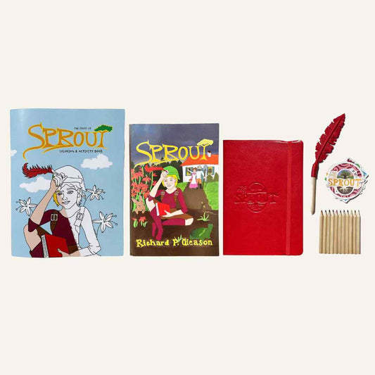 childrens paperback book in a gift box with a coloring book and colored pencils